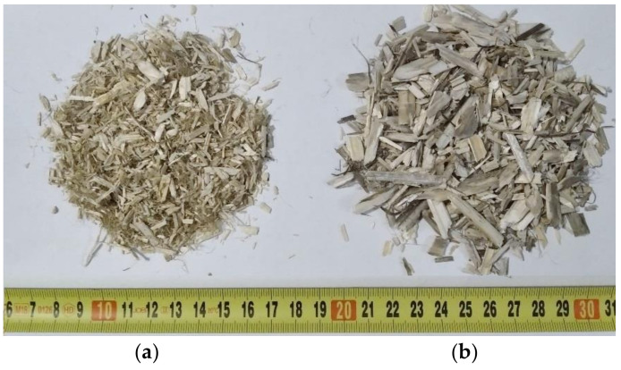 Hemp shives used in the investigation: fine shives (a) and thick shives (b).