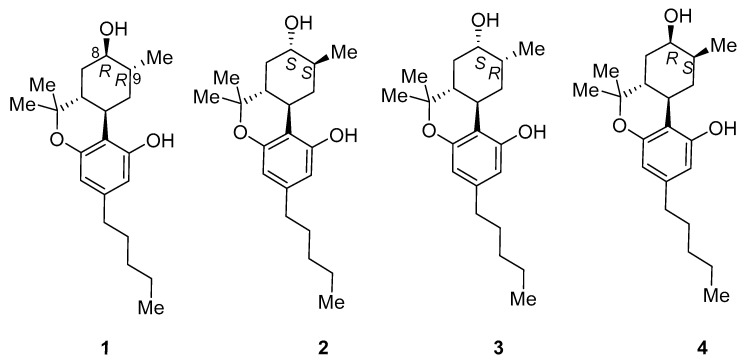 Structures of (8R)OH-(6aR,9R,10aR)-HHC (1), (8S)OH-(6aR,9S,10aR)-HHC (2), (8S)OH-(6aR,9R,10aR)-HHC (3), (8R)OH-(6aR,9S,10aR)-HHC (4).