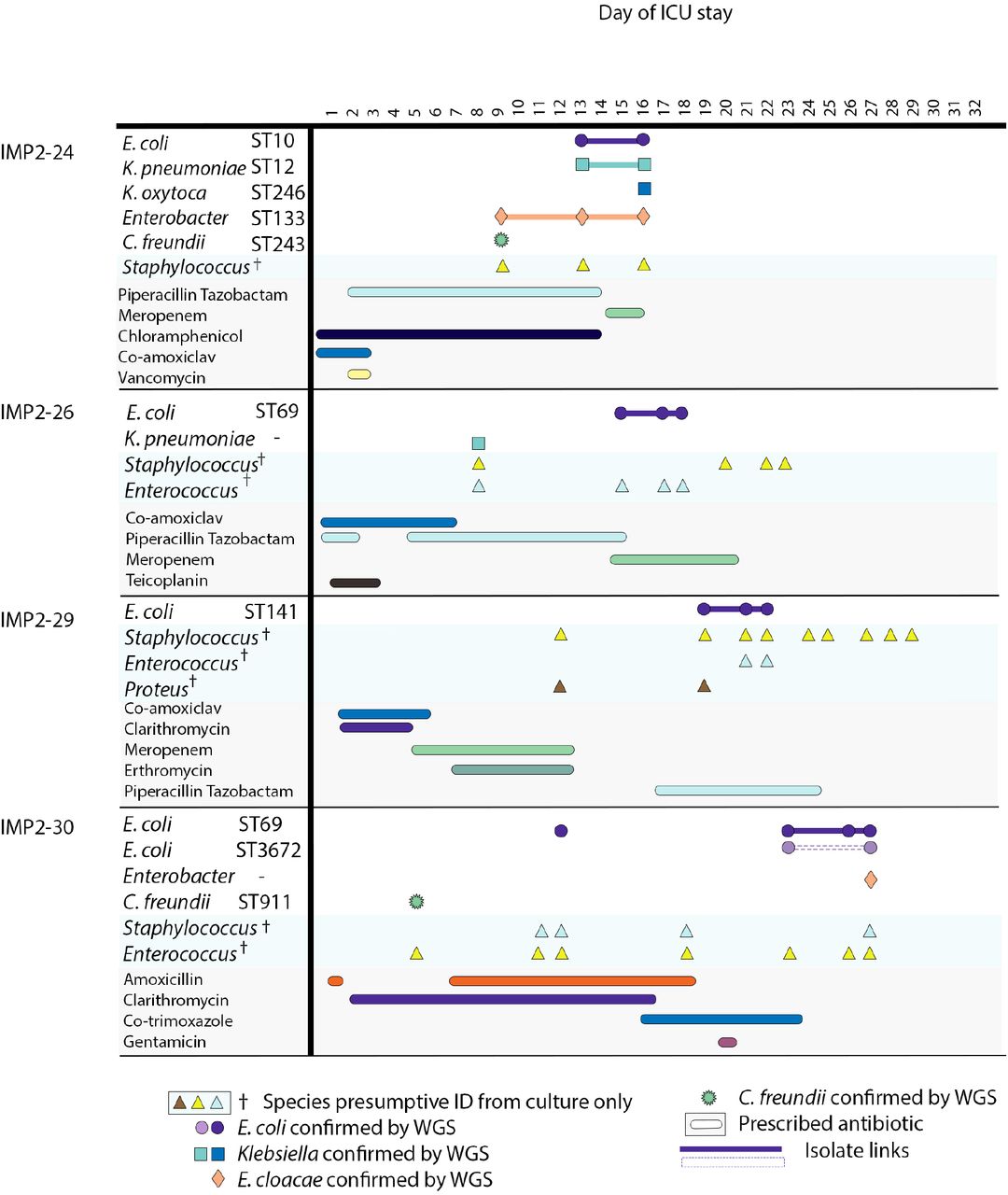 Colonising isolate timeline displaying patients who acquired E. coli during their stay after having no detectable E. coli in their baseline first stool sample. All species confirmed using WGS are displayed alongside species presumptively identified using culture plates only. Antibiotics prescribed during a patient stay is displayed below. Patients were in the ICU at differing times but for illustrative purposes the timeline is the inpatient stay day number. In cases where the same ST is present multiple times in the same patient they are shown as the same colour, but these colours cannot be compared between patients. Isolate links are demonstrated with a solid line. Where this ST is interrupted by another ST, a dashed line is used.