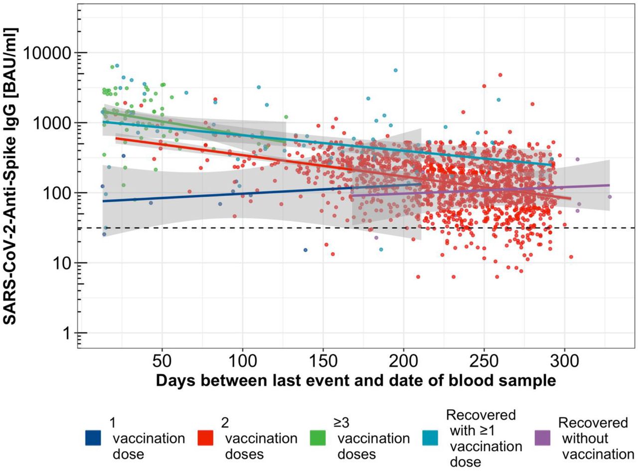 Temporal course of Anti-SARS-CoV-2-Spike IgG levels in the study subgroupsTemporal course of Anti-SARS-CoV-2-Spike IgG levels depending on time since last event for single (blue dots and regression line), double (red dots and regression line) and threefold or more (green dots and regression line) COVID-19 vaccinated as well as SARS-CoV-2 convalescent (purple dots and regression line) and hybrid immunized participants (turquoise dots and regression line).