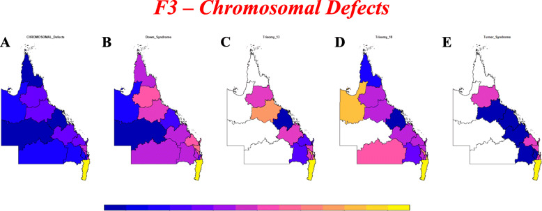 Choropleth maps of various chromosomal anomaly rates across QLD and NNSW. High rates are shown in yellow and low rates in dark blue. Maps were drawn using R package “sf” [15]