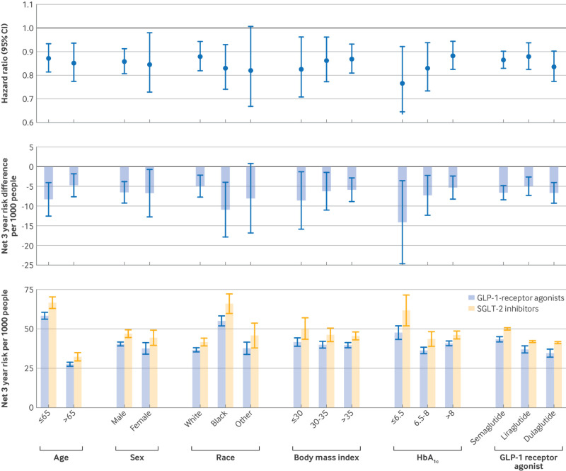Stratified subgroup analyses for initiation of GLP-1 receptor agonists and risk of composite endpoint of all SUDs in protocol 1. Hazard ratios <1 indicate lower risk among initiators of GLP-1 receptor agonists compared with initiators of SGLT-2 inhibitors. Negative net three year risk differences indicate lower risk among initiators of GLP-1 receptor agonists compared with initiators of SGLT-2 inhibitors. All estimates were derived at three years’ follow-up using fully weighted models accounting for predefined covariates. The 95% CIs should be interpreted in the context of the adjusted covariates and potential residual confounding. CI=confidence interval; GLP-1=glucagon-like peptide-1; HbA1c=haemoglobin A1c; SGLT-2=sodium-glucose cotransporter-2; SUD=substance use disorder
