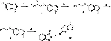 Synthesis of compound 10. Reagents and conditions: (a) methyl chloroacetate, NaH 60%, DMF, −10 °C to r.t., 16 h; (b) LiAlH4, THF, 0 °C, 1.5 h; (c) I2, imidazole, (Ph)3P, DCM, 0 °C to r.t., 24 h; and (d) benzisothiazolinone, K2CO3, CH3CN, reflux, 24 h.