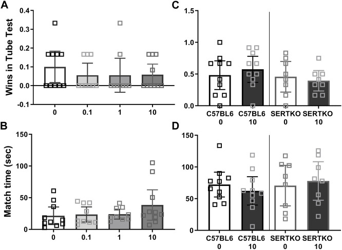 Cannabidiol (10 mg/kg) treatment did not enhance dominance in male mice. Social dominance in male mice was measured starting 2 hours after CBD treatment. We found (A) No effect of any CBD dose on BTBR male mouse wins in tube tests. (B) The duration of BTBR tube test matches was not impacted by CBD at any dose tested. (C) CBD at 10 mg/kg did not alter wins by C57BL/6J or SERT knock-out mice in tube tests. (D) CBD at 10 mg/kg did not alter the duration of C57BL/6J or SERT knock-out male mouse tube test matches. Sample sizes are 9–10 for BTBR, 10 for C57BL/6J and 8 for SERT knock-out mice, data shown are mean ±95% CI.