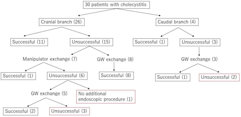 The cholecystitis cases were divided into two groups according to the direction of the cystic duct.