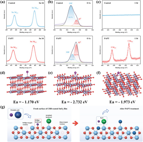 XPS spectra of a) Sn 3d, b) O 1s, and c) I 3d for the pristine SnO2 and PAPT‐modified SnO2 films. Hollow circle: raw data. Line: fitted data. All the SnO2 films were prepared via the CBD method. Absorption energy and corresponding structures. d) Iodine atom absorbed at the terminal Sn site. e) The iodine atom replaces bridge O site (iodine fills in the bridge oxygen vacancy). f) The iodine atom fills in the deep oxygen vacancy. g) Schematic image of the PAPT modification on the SnO2 surface.