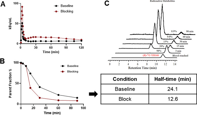 (A) Decay-corrected plasma activity overtime. (B) Parent fraction of (R)-[11C]YH168 at different time points under baseline and blockade conditions. (C) Radioactive metabolite profiles of (R)-[11C]YH168, arterial blood samples were analyzed by column-switching HPLC system