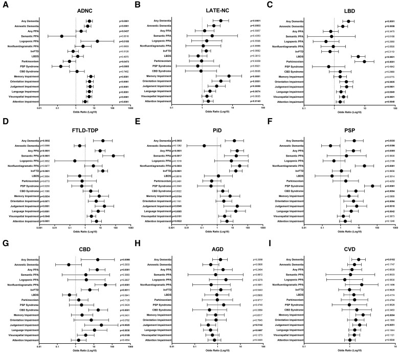 Multivariate logistic regression analysis between clinical phenotypes and autopsy-confirmed Alzheimer disease neuropathologic change (ADNC) (A), limbic-predominant age-related TDP-43 encephalopathy neuropathologic change (LATE-NC) (B), Lewy body disease (LBD) (C), frontotemporal lobar degeneration with TDP-43 (FTLD-TDP) (D), Pick disease (PiD) (E), progressive supranuclear palsy (PSP) (F), corticobasal degeneration (CBD) (G), argyrophilic grain disease (AGD) (H), and cerebrovascular disease (CVD) (I). Significance and odds ratios for each cognitive/neuropsychological test were determined in the context of a multivariate model including ADNC, primary age-related tauopathy (PART), LATE-NC, LBD, FTLD-TDP, amyotrophic lateral sclerosis (ALS), PiD, PSP, CBD, AGD, ARTAG, CVD, and hippocampal sclerosis, with ADRC, year of final clinical evaluation, age, sex, and years of education used as covariates. Abbreviations: ADRC, Alzheimer’s Disease Research Center; bvFTD, behavioral variant frontotemporal dementia; PPA, primary progressive aphasia.