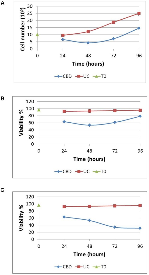 Recovery from cannabidiol treatment. 106 cells/mL were treated with or without CBD (10-5 M) for 24 h in serum-free medium, resuspended in complete medium without CBD at a density of 106 cells/mL for 24 h. This was repeated at 48 h for a further 24 h. Cells were counted daily (A) and viability calculated (B), UC denotes untreated control. In one set of experiments, CBD (10-5 M) was reapplied at 48 h in serum-free medium and allowed to recover for 24 h in complete medium without CBD (C). Viability is expressed as the percentage of live cells in a total cell count, n = 3.