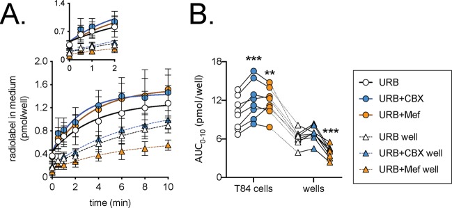 Inhibition of the release of tritium into the medium following incubation of T84 cells with 100 nM [Ara-3H]AEA in the presence of 1 µM URB597. In Panel A, cells or wells alone were preincubated for 10 min with 1 µM URB597 followed by incubation for 10 min with 100 nM [Ara-3H]AEA. The samples were then washed three times and then incubated in medium containing URB597 ± CBX or Mef and samples of the medium were taken over the next ten minutes. For Panel A, the data are means ± SD, N = 8. The radiolabel in medium is calculated taking into account the amount already released and the volume of medium remaining (see Methods). The inset in Panels A shows the data for the first 2 minutes. In Panel B, the individual areas under the curve for 10 min period studied (AUC0–10) are shown. Data for each experiment and “source” (cell or well) are connected by the lines (N = 8). A two-way randomised block ANOVAe with Geisser-Greenhouse-adjusted degrees of freedom gave P < 0.001 for test compound, source and for the interaction test compound x source. In view of the significant interaction, one-way randomised block ANOVAe with Geisser-Greenhouse-adjusted degrees of freedom were calculated for the cells and wells separately. Both showed significant P values (P ≤ 0.0006) and significant matching of the samples (P ≤ 0.0002). **P < 0.01, ***P < 0.001 vs URB alone, Dunnett’s multiple comparisons test.