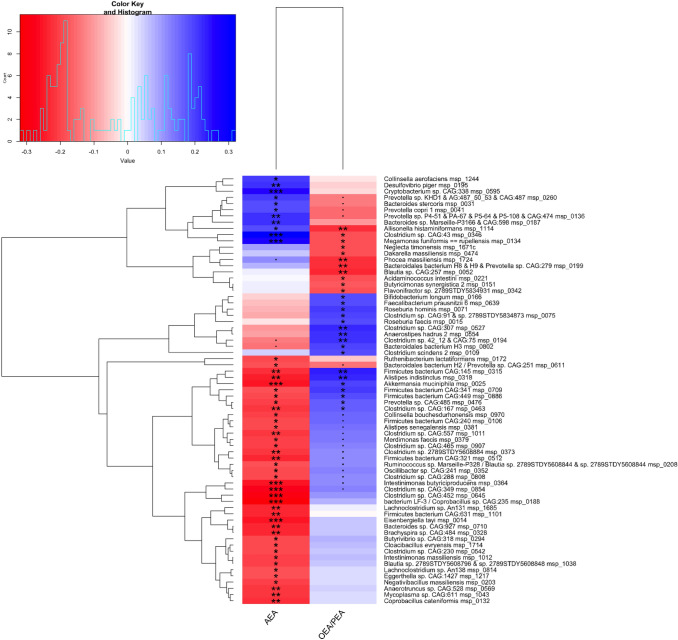 Heatmap showing hierarchical ward-linkage clustering of AEA and the OEA/PEA ratio based on Spearman’s correlation with gut microbiome species. The colour scale represents the magnitude of Spearman’s rho coefficient, with red indicating negative correlations and blue indicating positive correlations. Adjustments were performed using the Benjamini–Hochberg procedure, and Spearman’s rho values were filtered by maintaining correlations with at least one false discovery rate (FDR) of < 0.05. ▪, FDR = 0.05; *, FDR < 0.05; **, FDR < 0.01; ***, FDR < 0.001. AEA, Arachidonoylethanolamide; OEA, Oleoylethanolamide; PEA, Palmitoylethanolamide