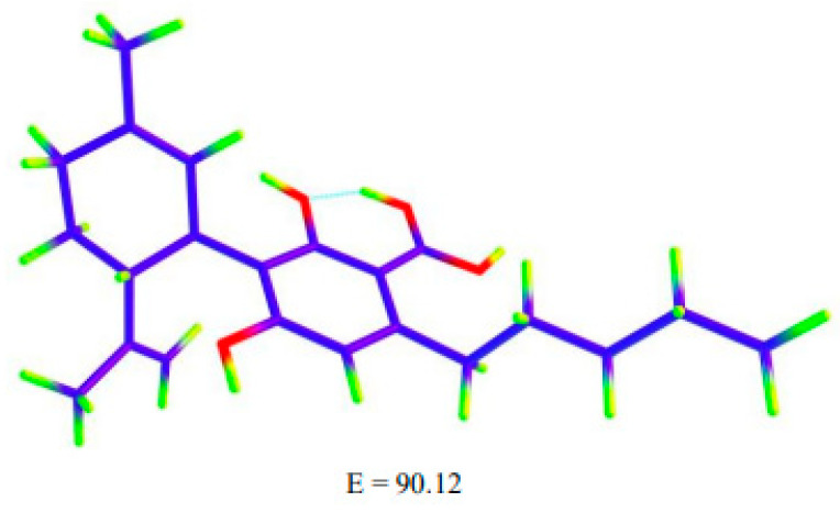 A low-energy geometric structure of [CBDA + H]+, obtained at M062X/6-311G (d,p) level of theory, which is comparable to the lowest-energy structure of [THCA + H]+, (Figure 11a). This structure is 90.12 kJ/mol above that of the [THCA + H]+ structure shown in Figure 11a.