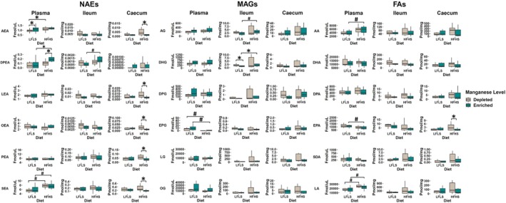 Diet and Mn modulation of endocannabinoidome mediators and some of their corresponding fatty acids. Boxplot representation of the response to Mn‐depleted and Mn‐enriched LFLS or HFHS diets of eCBome mediators: (Left) N‐acylethanolamines (NAEs), (Center) 2‐monoacylglycerols (2‐MAGs), and (Right) long chain ω‐6 and ω‐3 polyunsaturated fatty acids (FAs). Data are expressed as the mean ± SEM (n = 12). p values of linear contrast analysis are detailed when significant (p < 0.05) using contrast tests between enriched and depleted Mn levels, LFLS, and HFHS formulations and the combination between Mn levels and formulations. The star “*” symbol was used to show the effect of Mn alone or interaction with LFLS or HFHS. The numeral “#” symbol was used to denote the effect of only LFLS or HFHS. The samples were analyzed at Day 28 of the study.