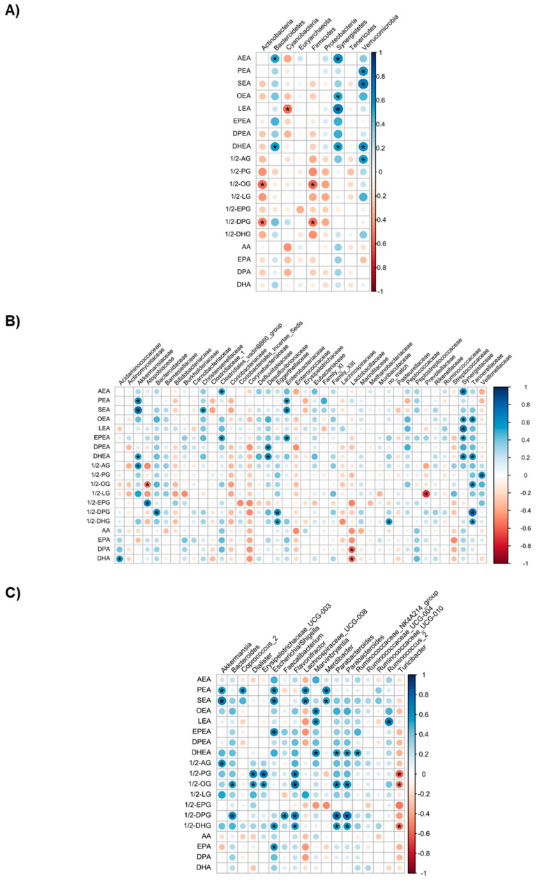 Correlations between the plasma levels of eCBome mediators and the relative abundance of phyla (A), families (B) and genera (C) of the fecal microbiota of 15 (9 placebo and 6 CAE) reproductive-aged women with overweight or obesity. The correlation analysis was performed using repeated measures correlation tests (rmcorr package). * indicates a correlation coefficient with p-value < 0.05.