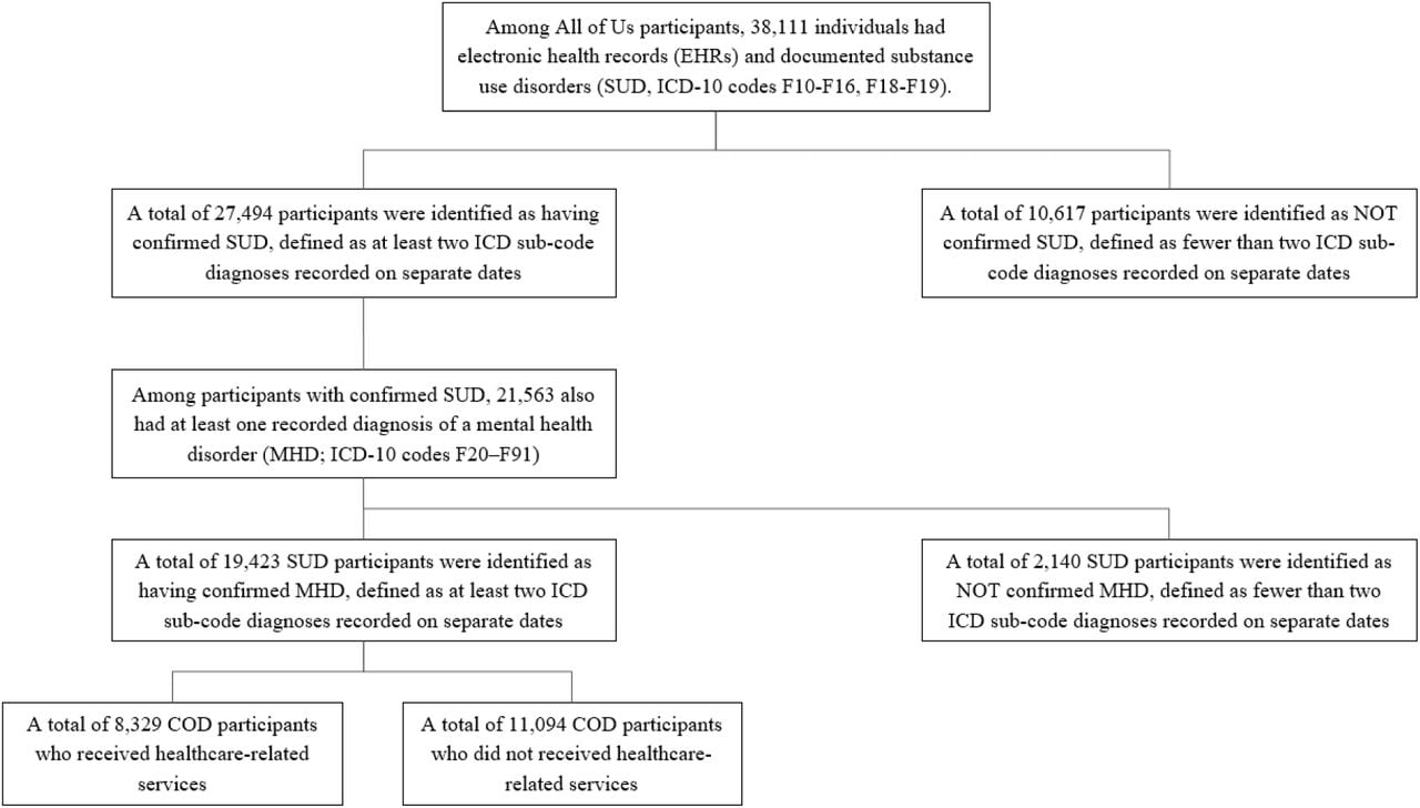 Selection of participants with confirmed co-occurring substance use and mental health disorders (COD) and healthcare utilization in the All of Us Research Program, 2018–2023.The flowchart illustrates the stepwise inclusion of adults with confirmed substance use disorders (SUD) and mental health disorders (MHD) based on ICD-10-CM diagnostic criteria. Participants were required to have at least two encounters with distinct diagnostic codes on separate dates for both SUD (F10–F16, F18–F19) and MHD (F20–F91). The final analytic cohort (n = 19,423) was divided into those who utilized healthcare services and those who did not.