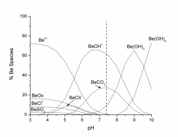 Speciation of Be in the LMW of serum fluid ([Be] 5.8*10-5 mM; [Ca] 1.3 mM; [Cl] 108 mM; [CO3] 24 mM; [K] 4.2 mM; [Mg] 0.8 mM; [Na] 142 mM; [PO4] 2 mM; [SO4] 0.5 mM; [Cit] 0.1 mM; [Ox] 0.01 mM).