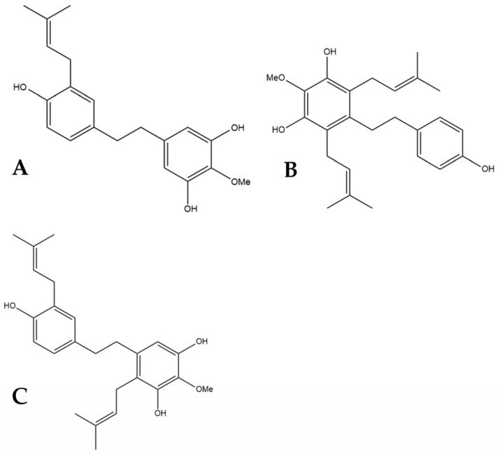 Structural diagrams of HM1 (A, MW 328.41), HM2 (B, MW 396.53), and HM3 (C, MW 396.53).