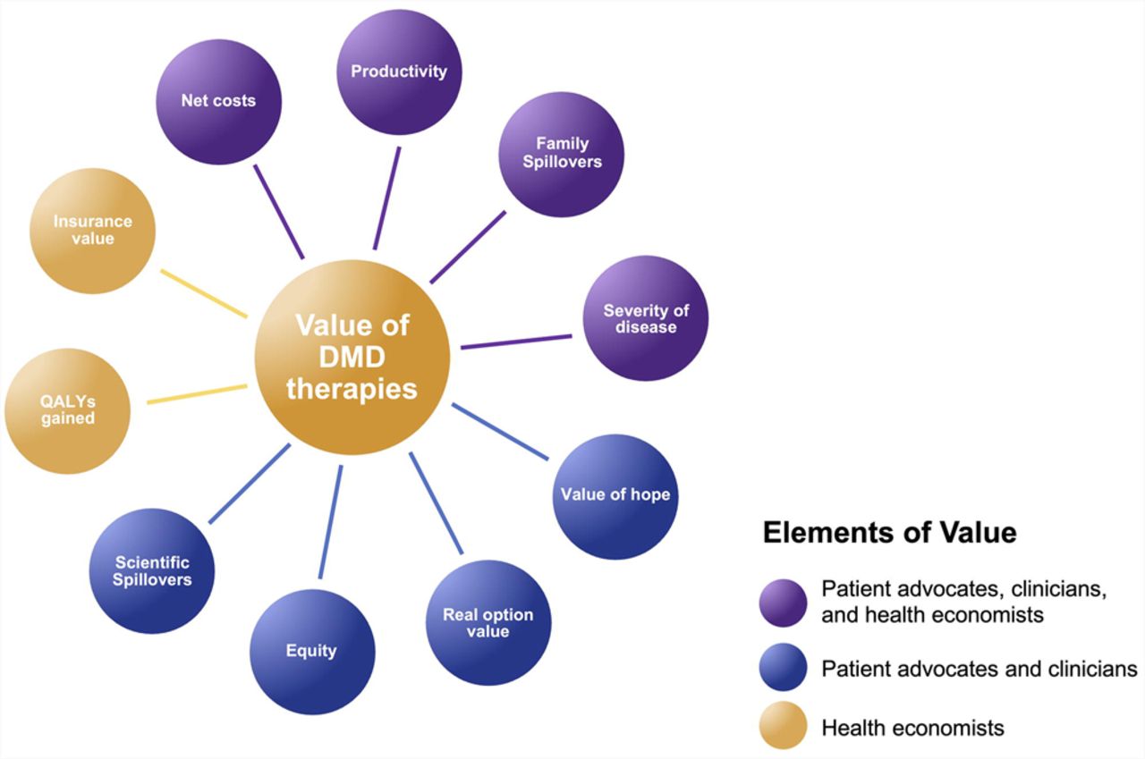Proposed Value Assessment Framework for DMD Therapies: Adapted from the ISPOR Value Flower [15-17]DMD, Duchenne Muscular Dystrophy; ISPOR, International Society for Pharmacoeconomics and Outcomes Research; QALY, quality-adjusted life year.
