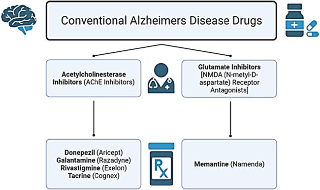 Diagram showing conventional Alzheimer's disease drugs categorized into two types: Acetylcholinesterase inhibitors, including Donepezil, Galantamine, Rivastigmine, and Tacrine; and Glutamate inhibitors, specifically Memantine.