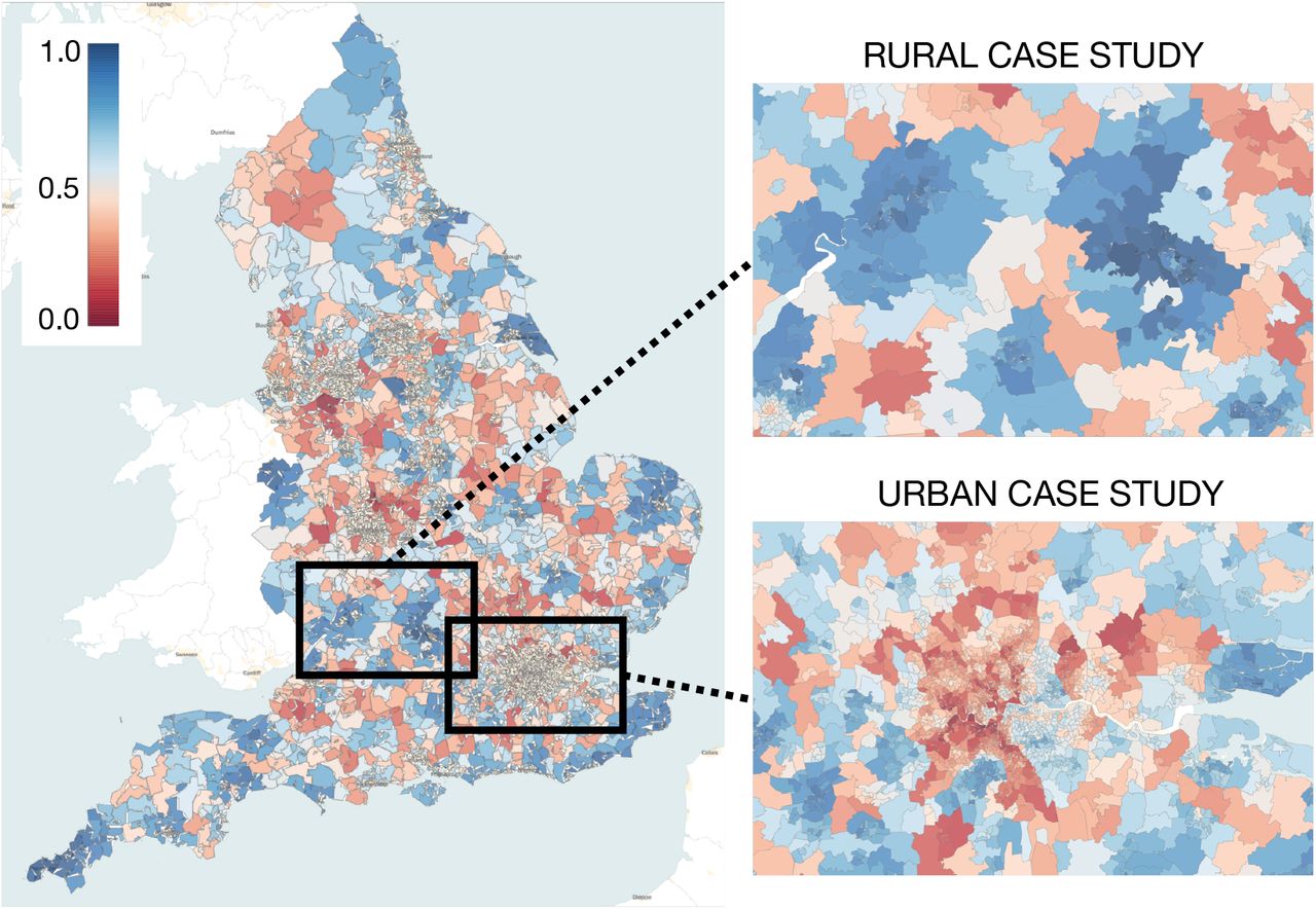 Herfindahl Hirschman Index (HHI) for elective orthopaedic care for each MSOA in England. Dark blue indicates concentrated markets, while red indicates dilute markets. The areas featured in the ‘Rural Case Study’ and ‘Urban Case Study’ are included in pop-out figures on the right-hand side.