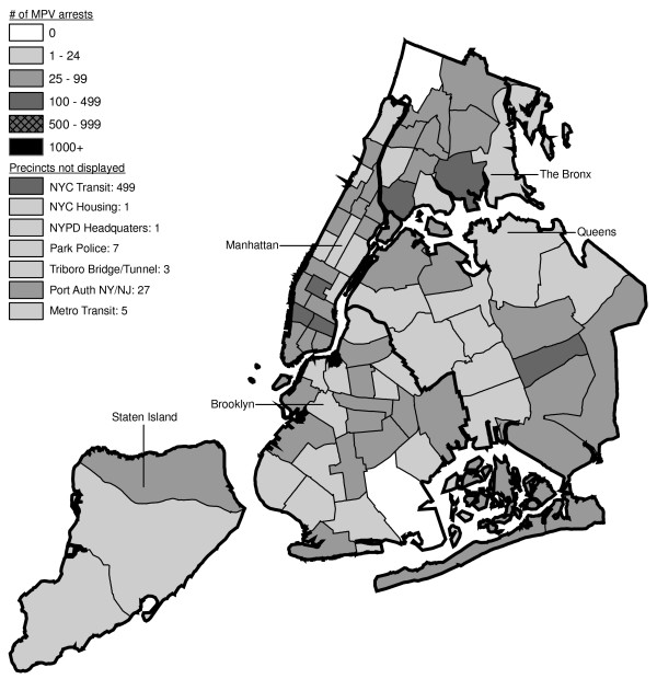 Marijuana in Public View Arrests by NYPD Precinct in 1995 (n = 3,973).