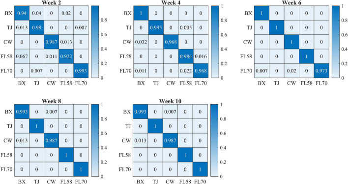 Confusion matrices (rows and columns correspond to true and predicted labels, respectively) for hemp cultivar classification based on the hyperspectral data of flower samples. Each confusion matrix is obtained by pooling and row-wise normalizing classification results over 30 modeling replications.