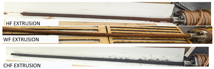 Photographs of the extruded composites of the HF–PRF, WF–PRF, and CHF–PRF composites.