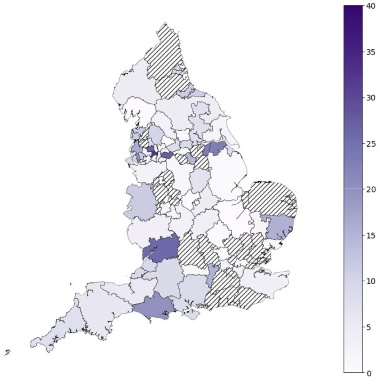 Percentage of the eligible population enrolled onto the CO@h programme in each CCG from date of implementation based on submissions from sites*Hashed areas represent CCGs with no patient onboarding data submitted