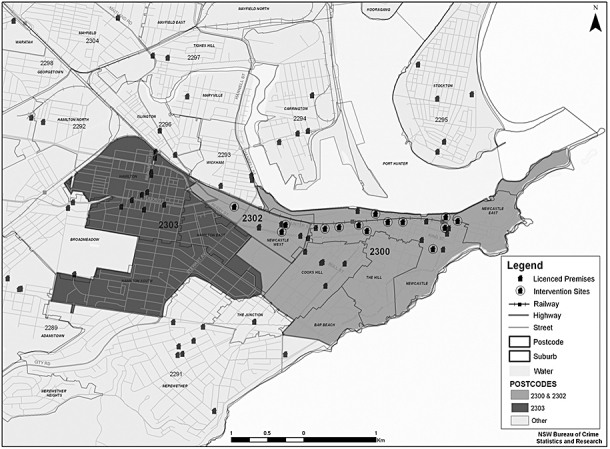 Location of study sites: central business district (CBD) (postcodes 2300 and 2302) and Hamilton (postcode 2303)