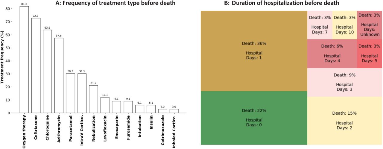 Length of stay in hospital and clinical care administered for 33 COVID-19 cases seeking care at CHU de Tengandogo before death in Burkina Faso