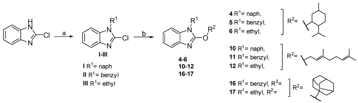 Synthetic route for 2-alkoxybenzimidazole derivatives. a. R1X, NaH, DMF; b. R2OH, NaH, DMF.