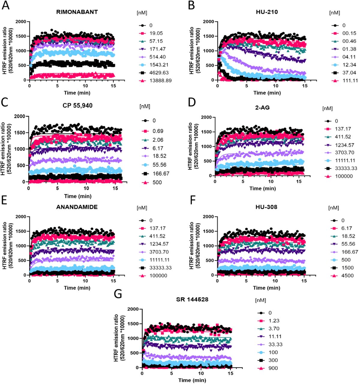 Competition kinetic binding curves of cannabinoid ligands competing with D77 for the CB2RExperiments were conducted using a fixed concentration of the tracer molecule D-77 (900 nM) and increasing concentrations of unlabeled ligands (A) Rimonabant, (B) HU-210, (C) CP 55,940, (D) 2-AG, (E) Anandamide (AEA), (F) HU-308 and (G) SR 144528. Data were globally fitted to the competition association model using GraphPad Prism 9.2 to simultaneously calculate kon and koff. of the unlabeled competitors. Graphs show representative curves from 4 experiments conducted independently.