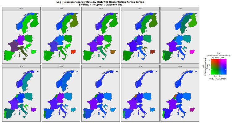 Bivariate Map of Log Holoprosencephaly by Cannabis Herb THC Concentration. Caption: Colorplaner bivariate sequential map-graphs of the log (holoprosencephaly rates) by cannabis herb THC concentrations across the surveyed European nations over time 2010–2019.
