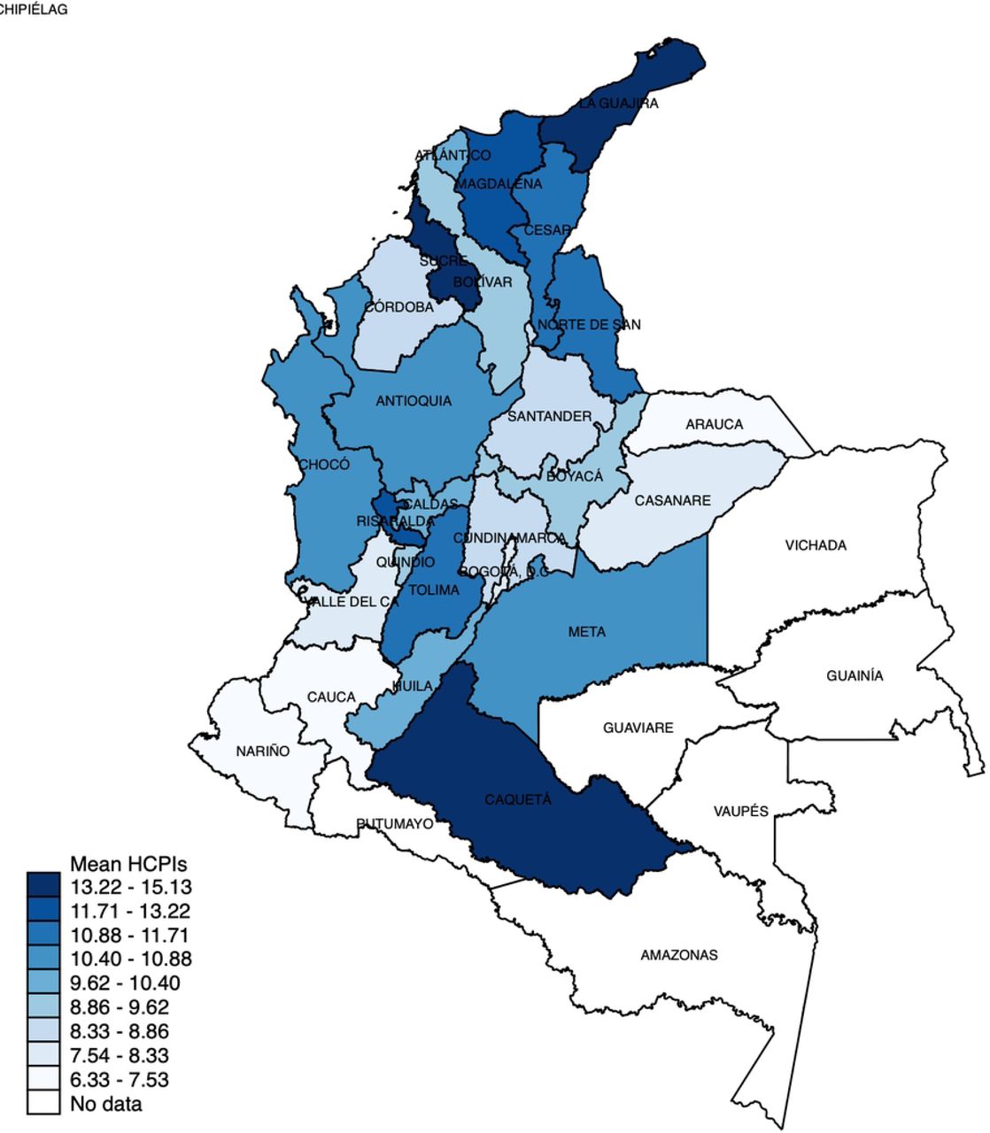 Geographical distribution of healthcare fragmentation.Geographic distribution of exposure to healthcare fragmentation measured as number of different HCPIs in the first year of care after kidney transplantation in adults belonging to the contributory regimen in Colombia. Abbreviations: HCPIs: Healthcare Provider Institutions.