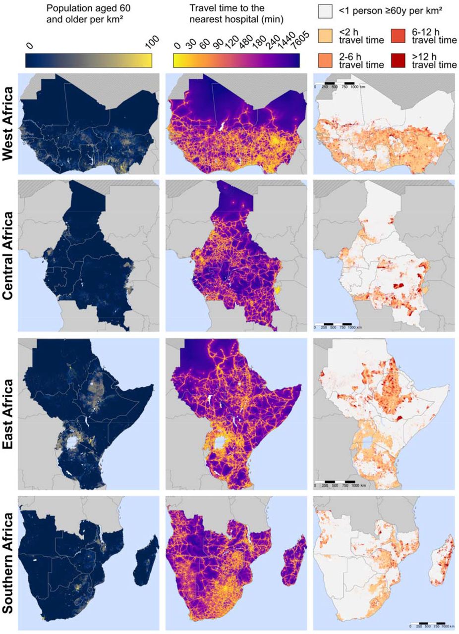 Maps of travel time to the nearest hospital for adults ≥60 years, by region