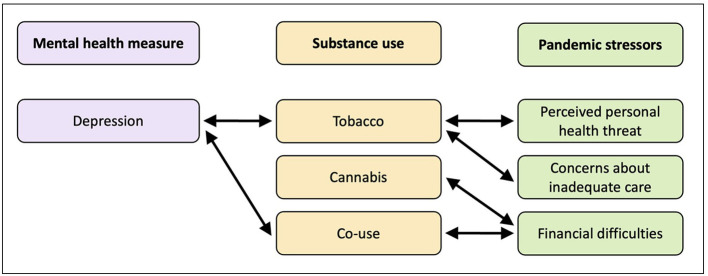 Conceptual pathway diagram showing associations among prenatal depression, substance use, and pandemic-related stressors. Bidirectional arrows connect depression with tobacco use and co-use, and connect substance use with the multiple pandemic stressors. The arrows represent statistical associations observed and do not imply causality.