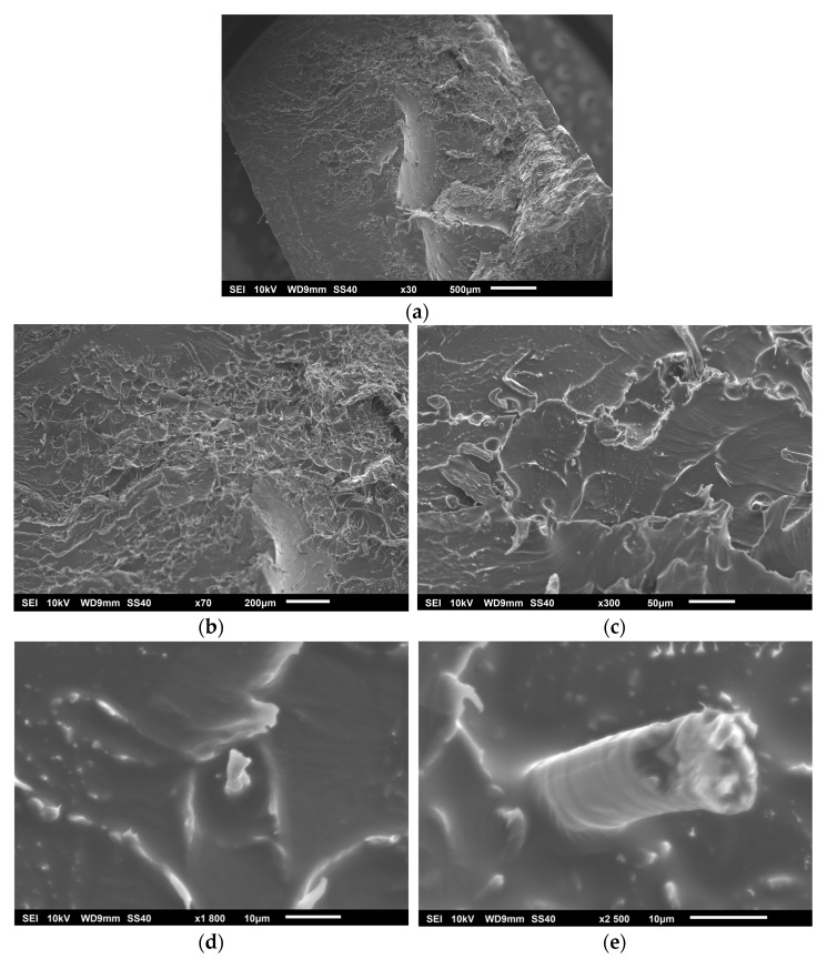 PHE90 specimen: (a) 30×, (b) 70× (c) 300×, (d) 1800×, and (e) 2500×.