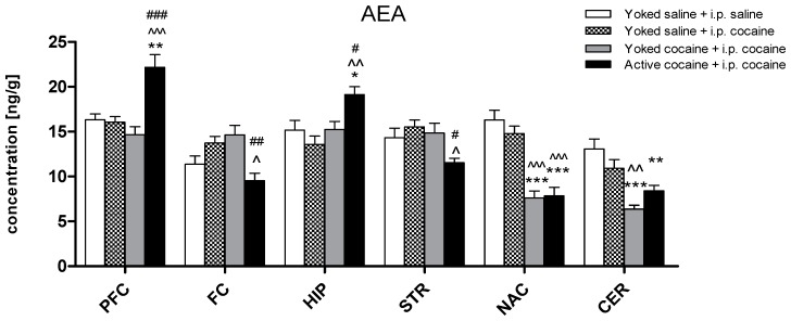 Levels of anadamide (AEA) in brain structures in rats previously self-administered cocaine (14 days) (Active cocaine) or which passively received cocaine (Yoked cocaine) or saline (Yoked saline) and underwent extinction training (10 days) and drug-induced reinstatement (10 mg/kg cocaine i.p. or saline i.p.). N = 7–8 rats/group. All data are expressed as the means ± SEM. * p < 0.05, ** p < 0.01, *** p < 0.001 vs. Yoked saline + saline i.p.; ^ p < 0.05, ^^ p < 0.01, ^^^ p < 0.001 vs. Yoked saline + cocaine i.p.; # p < 0.05, ## p < 0.01, ### p < 0.001 vs. Yoked cocaine + cocaine i.p. PFC—prefrontal cortex; FC—frontal cortex, HIP—hippocampus, STR—dorsal striatum, NAC—nucleus accumbens, CER—cerebellum.