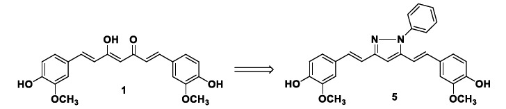 Chemical structure of curcumin-based pyrazole derivative 5 with remarkable anti-inflammatory properties.