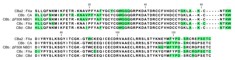 Sequences of CB isoforms showing the key residues in the interface regions of the specified complexes. Green-shadowed characters denote residues at the interface of CBa2/hFXa [19], CBb/CA [27], CBb/ΔF508-NBD1 [20] of CFTR, CBc/hFXa [19], and CBd/CBd [this study].