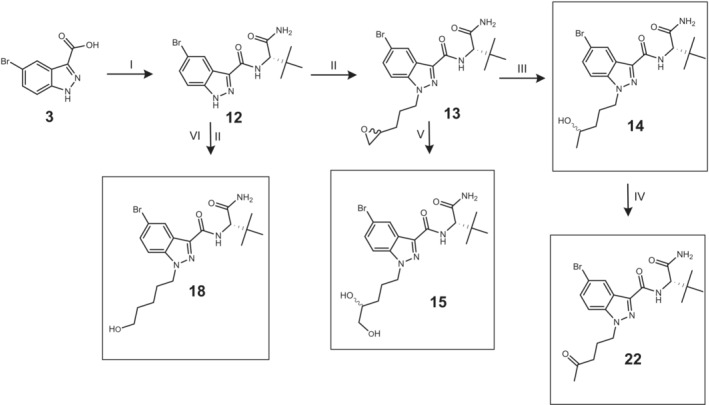 Synthetic route of reference material 14, 15, 18 and 22. I: (2S)‐2‐amino‐3,3‐dimethylbutanamide (11), 2‐(1H‐Benzotriazole‐1‐yl)‐1,1,3,3‐tetramethylaminium tetrafluoroborate (TBTU), acetonitrile/dimethylformamide (ACN/DMF), TEA, 60°C, 5 h. II: 2‐(3‐bromopropyl)oxirane (2) or 1‐Bromopentyl acetate (16), potassium carbonate (K2CO3), DMF, rt, 21 h. III: NaBH4, 2‐propanol, 60°C ➔ rt, 23 h. IV: Dess–Martin, DCM, rt, 72 h. V: Triflic acid, water, THF, 120°C, 2 h. VI:1 M aq. NaOH, rt, 4 h. (numbering according to Supporting Information).