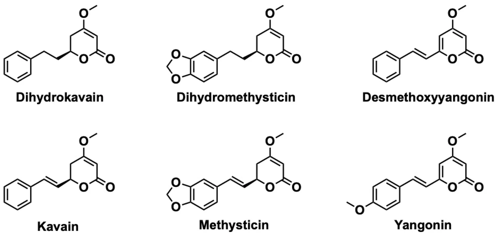Structures of the six major pharmacologically active kavalactones.
