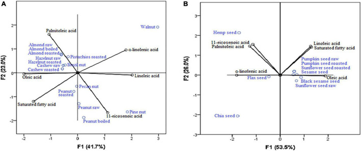 Nuts (A) and seeds (B) as a source of fatty acids.