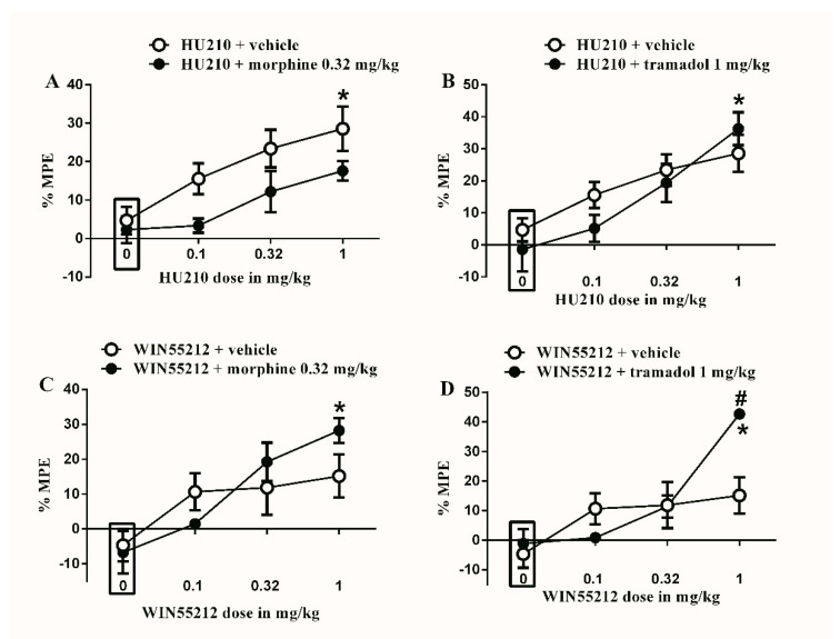 Effects of intraperitoneal injections of different drug combinations on STZ-induced mechanical allodynia. (A) Effects of intraperitoneal injections of HU210 (0.1, 0.32 and 1 mg/kg) plus the subtherapeutic dose of morphine (0.32 mg/kg) on STZ-induced changes in % MPE. Two-way ANOVA revealed the following results: Significant main effect of drug dose (F(3,48) = 7.855; p = 0.0002), Significant main effect of combination (F(1,48) = 8.748; p = 0.0048), and main combination X drug dose interaction (F(3,48) = 0.5447; p = 0.6541), (B) Effects of intraperitoneal injections of HU210 (0.1, 0.32 and 1 mg/kg) plus the subtherapeutic dose of tramadol (1 mg/kg) on STZ-induced changes in % MPE. Two-way ANOVA revealed the following results: Significant main effect of drug dose (F(3,48) = 13.61; p < 0.0001), main effect of combination (F(1,48) = 0.7796; p = 0.3817), and main combination X drug dose interaction (F(3,48) = 1.141; p = 0.3419), (C) Effects of intraperitoneal injections of WIN55212 (0.1, 0.32 and 1 mg/kg) plus the subtherapeutic dose of morphine (0.32 mg/kg) on STZ-induced changes in % MPE. Two-way ANOVA revealed the following results: Significant main effect of drug dose (F(3,48) = 8.758; p < 0.0001), main effect of combination (F(1,48) = 0.326; p = 0.5707), and main combination X drug dose interaction (F(3,48) = 1.493; p = 0.2284), (D) Effects of intraperitoneal injections of WIN55212 (0.1, 0.32 and 1 mg/kg) plus the subtherapeutic dose of tramadol (1 mg/kg) on STZ-induced changes in % MPE. Two-way ANOVA revealed the following results: Significant main effect of drug dose (F(3,48) = 12.55; p < 0.0001), main effect of combination (F(1,48) = 1.875; p = 0.1773), and Significant main combination X drug dose interaction (F(3,48) = 4.348; p = 0.0083). Two-way ANOVA test was used to analyze data followed by Holm–Sidak post-hoc test. # indicates a difference that is significant between the different rat groups. * indicates a difference that is significant compared with day 0 within the same rat group. Data represent mean ± SEM of 8 rats. % MPE = (PWT after drug application − PWT before drug application)/(PWT before manipulation [STZ] − PWT before drug application) × 100. PWT indicates paw withdrawal threshold in grams. Rectangular boxes indicate vehicle treatment.