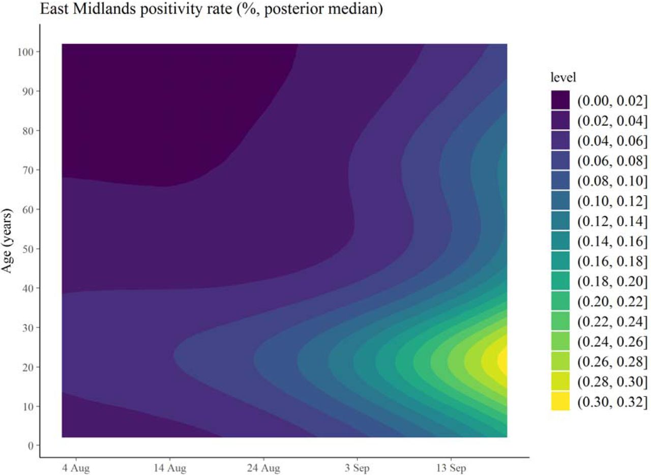 Modelled estimates (posterior medians) of the distribution of positive SARS-CoV-2 tests across age over time.