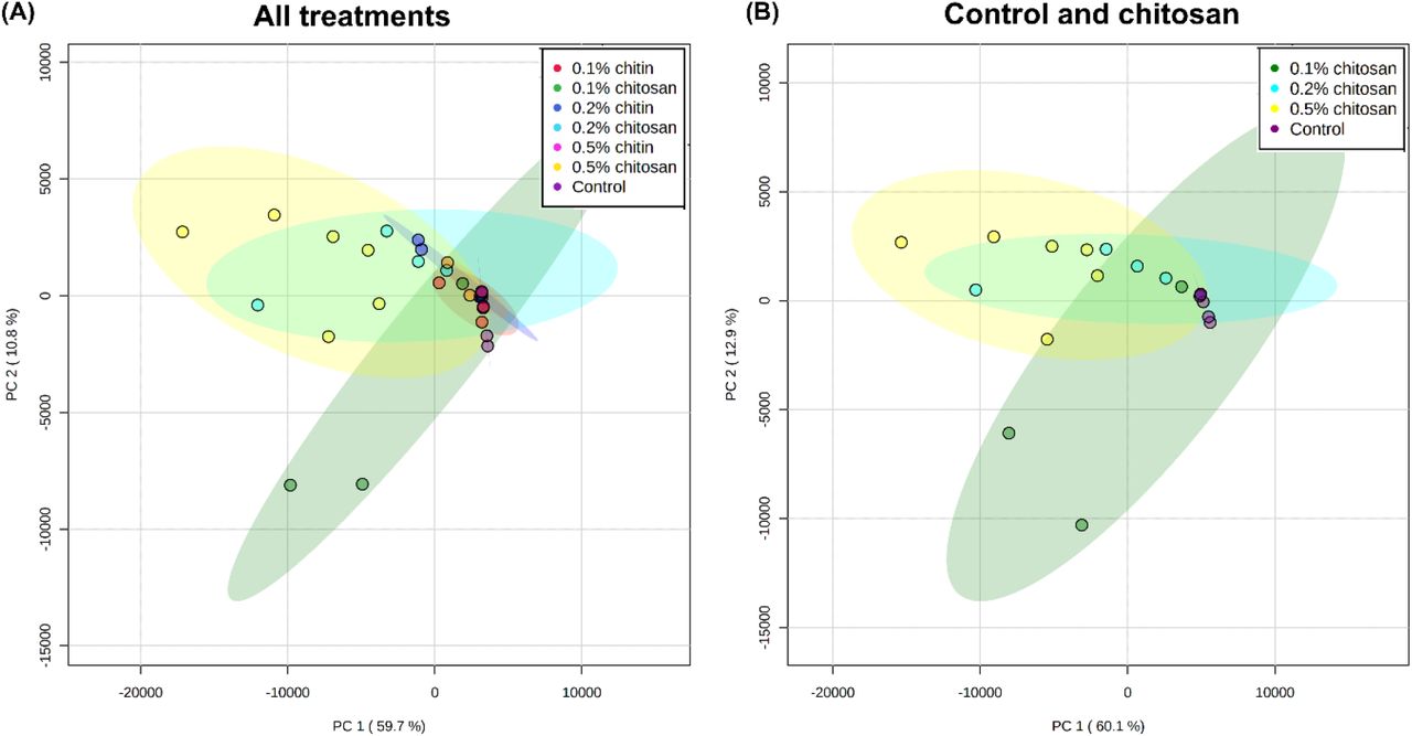 PCA plots of post-exudate proteomes across all control, chitin and chitosan treatments (A) and selectively between control and chitosan treatments (B). Six biological replicates were analyzed per treatment. Control and chitin samples were clustered close together but two replicates of 0.1% chitosan and 0.2% chitosan and six replicates of 0.5% chitosan were clearly separated from the major assembly.