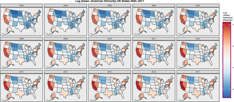 Choropleth map of log(Hispanic-American Population) across USA by Year. Maps were drawn in ggplot2, sf and RColorBrewer