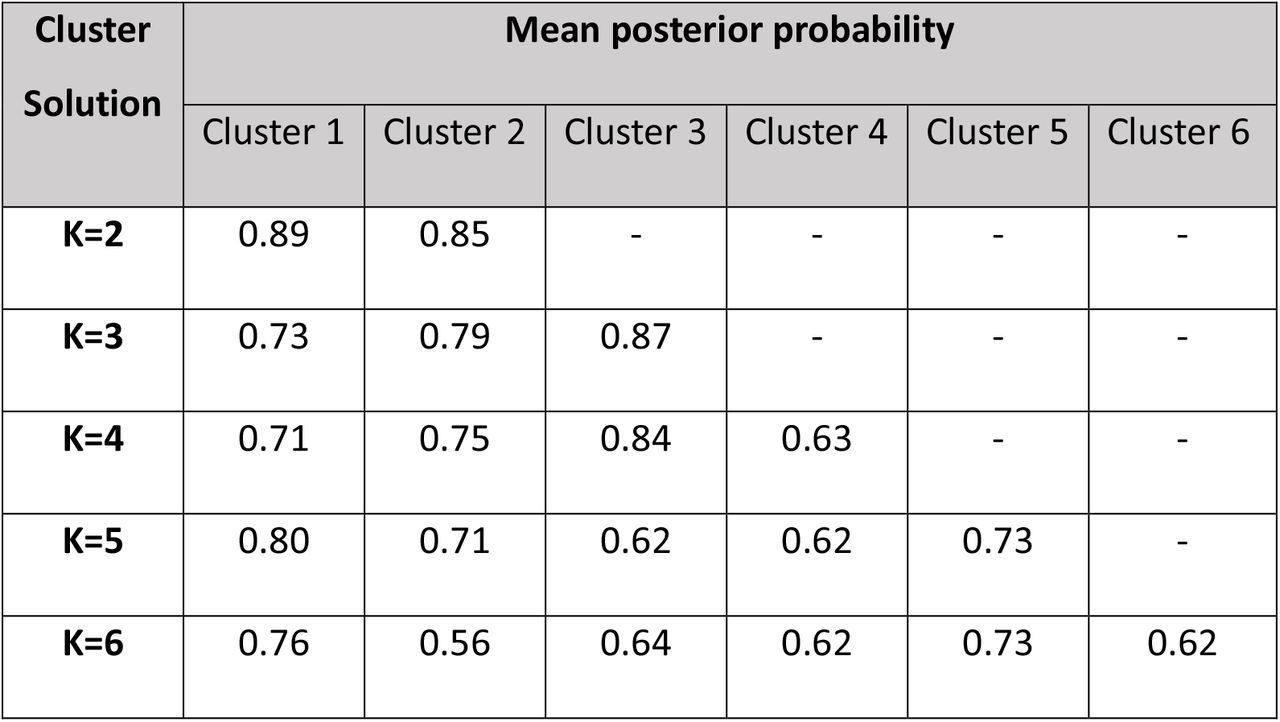 Mean posterior probability for each cluster solution in Laten Class Analysis (each person was assigned to the cluster with highest posterior probability).