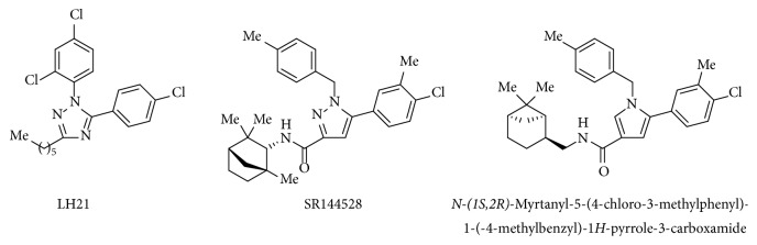 Structure of the CB1R antagonist LH21 and the CB2R antagonists SR144528 and N-(1S,2R)-myrtanyl-5-(4-chloro-3-methylphenyl)-1-(-4-methylbenzyl)-1H-pyrrole-3-carboxamide.