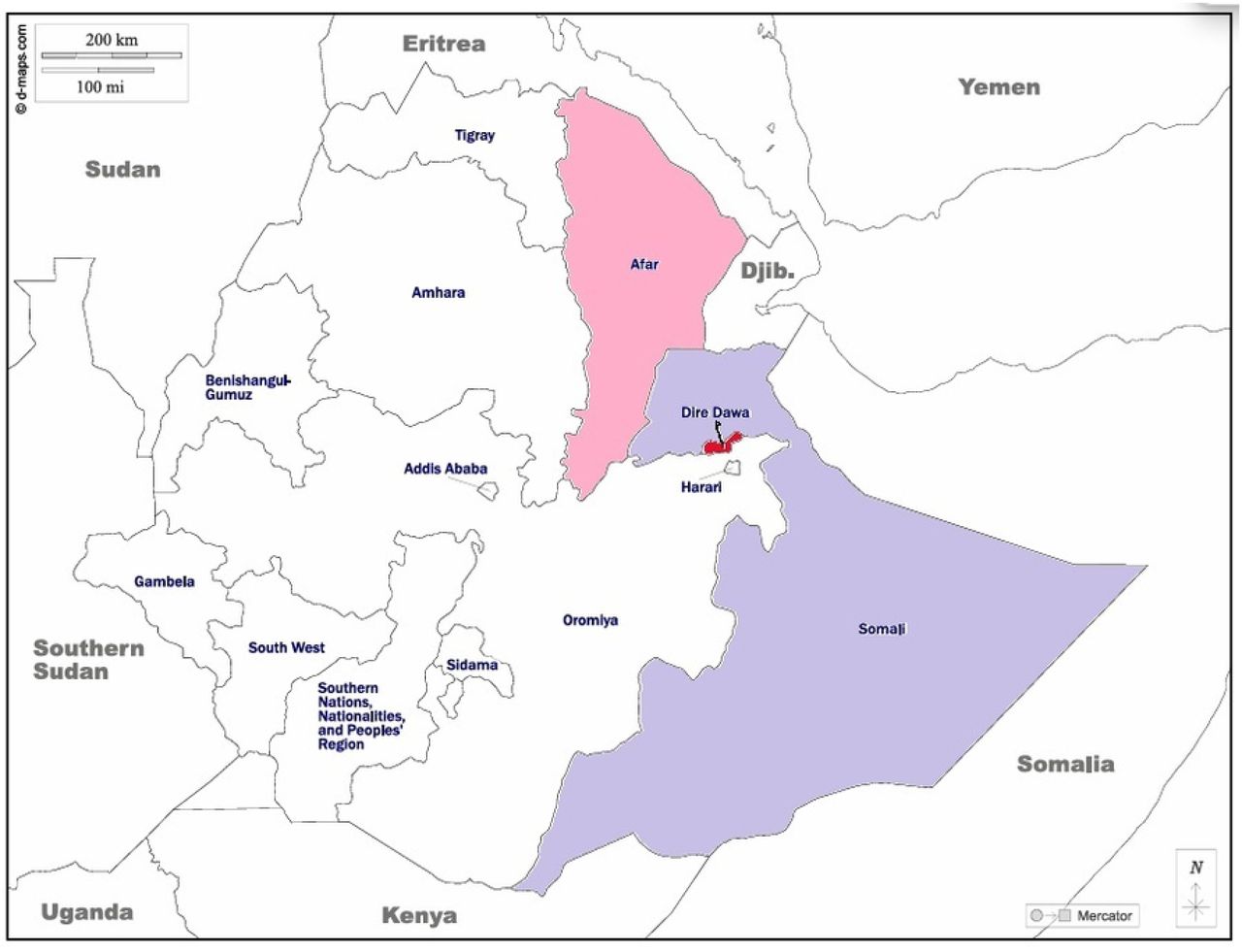 Map showing the Dire Dawa City Administration where the Dengue outbreak occurred, and study DENV strains originated. The shaded areas indicate the epicenters of dengue outbreaks in Ethiopia since 2013: Dire Dawa (red), Afar (red-violet), and Somalia (light blue)